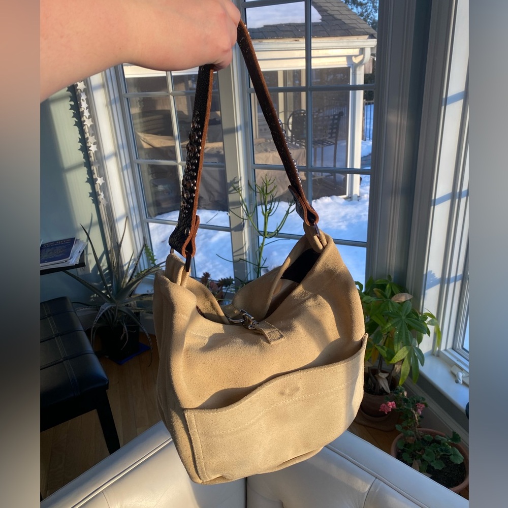 🛑SOLD🚫Rare Vintage Y2K Tylie Malibu Suede Crystal Strap Hobo Shoulder Bag Tan - Picture 6 of 14